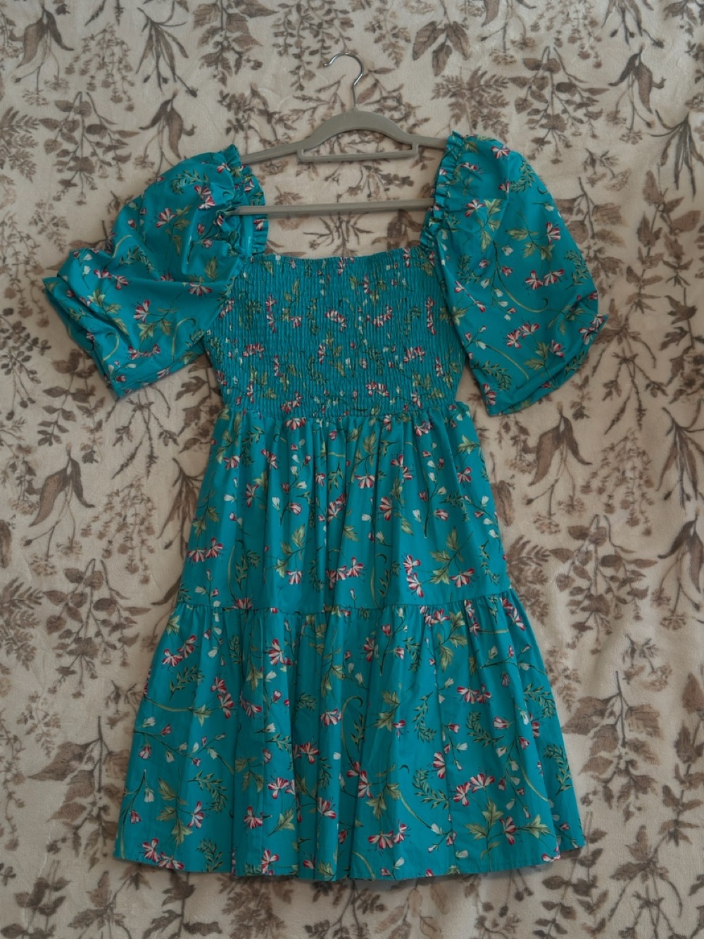 crown & ivy Teal Floral Smocked Puff-Sleeve Mini Dress